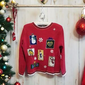 Arriviste Christmas Party Pullover‎ Sweater Size Med Vintage Red Snowman LSleeve